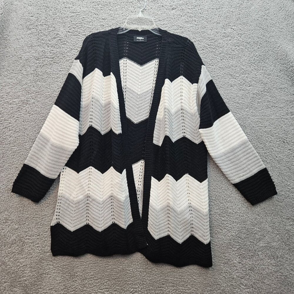 Pink Dot Chevron Knit Cardigan 2X Black White Open Front Lightweight Long Sleeve